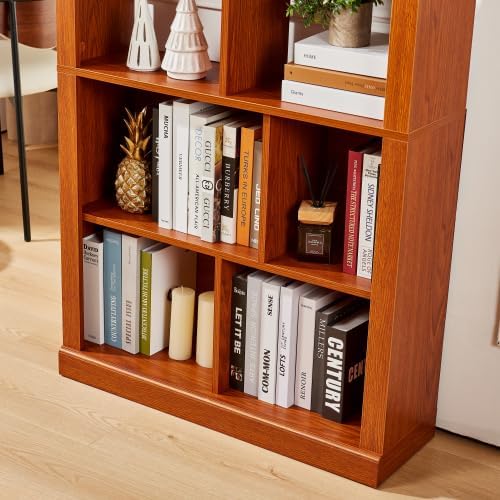 5 Tier Bookshelf with Open Back Storage - Modern Wood Bookcase Furniture Organizer - Cube Modular Shelving Unit Display Case for Living Room, Dark Oak