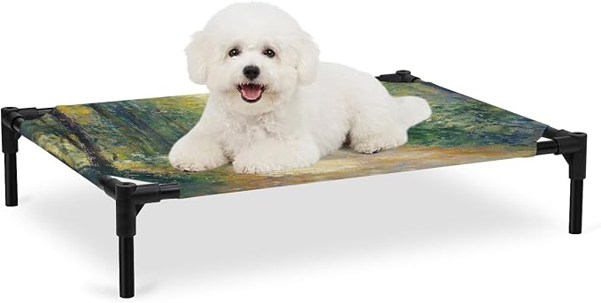 Outdoor Elevated Dog Bed for Medium Dogs, Country Forest Breathable Cooling Raised Dog Cot for Indoor/Outdoor, Farmhouse Trees Plants Nature Scenery Waterproof Elevated Pet Beds, M 24 x 20 in