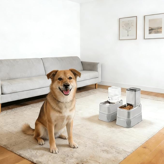 Elevated Automatic Pet Feeder & Water Dispenser, 128 Fl Oz/1 Gallon Water & 4.4lb Food Capacity, Stainless Steel Bowl, 2-Level Height Adjustable, Neck Protection for Small/Medium Dogs,Anti-Choking