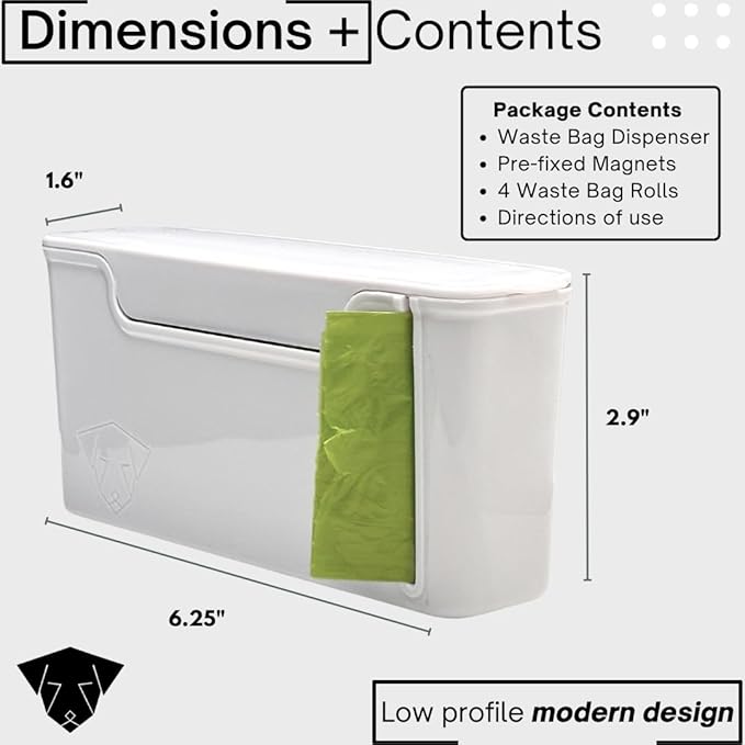 Skylar Pet Products - Dog Poop Bag Dispenser - Magnetic Mount - Indoor/Outdoor - Wall Mount - Waste Bag Dispenser - Magnet - Screw-on - Storage - Container + 60 Waste Bags (Storm White)
