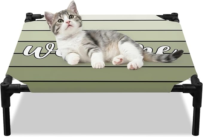 Outdoor Elevated Dog Bed for Small Dogs, Sage Green Wooden Grain Breathable Cooling Raised Dog Cot for Indoor/Outdoor, Gradient Farmhouse Wood Plank Waterproof Elevated Pet Beds, S 20 x 20 in