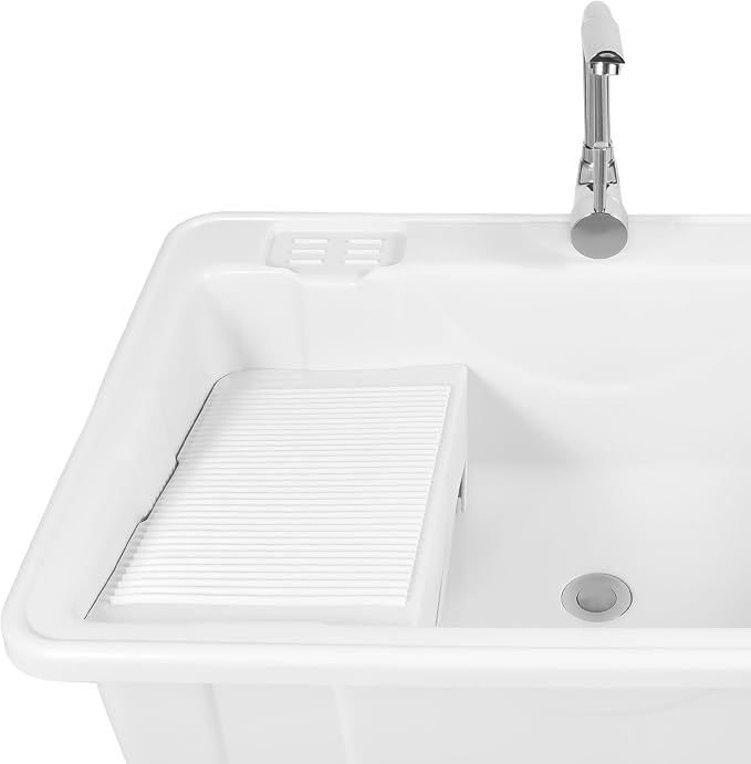 Plastic Utility Sink with 360° Swivel Hot and Cold Faucet Gray | 154 lbs Load Capacity, Equipped with Hose Hook Up, Includes Washboard, Bottom Storage Board, Suitable for Garages and Gardens