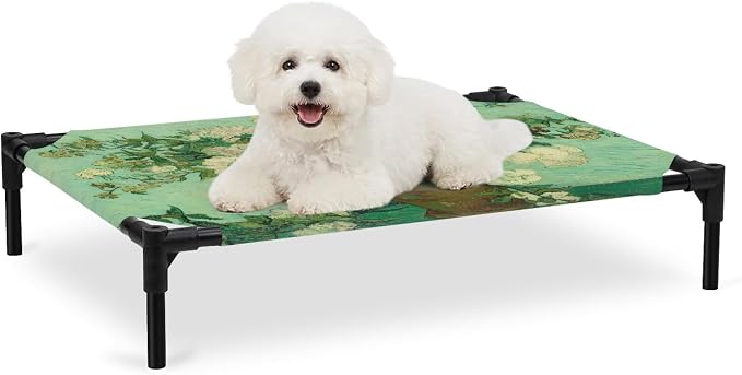 Outdoor Elevated Dog Bed for Medium Dogs, Botanical Flowers Breathable Cooling Raised Dog Cot for Indoor/Outdoor, Farmhouse Blossom Vase Floral Branches Waterproof Elevated Pet Beds, M 24 x 20 in