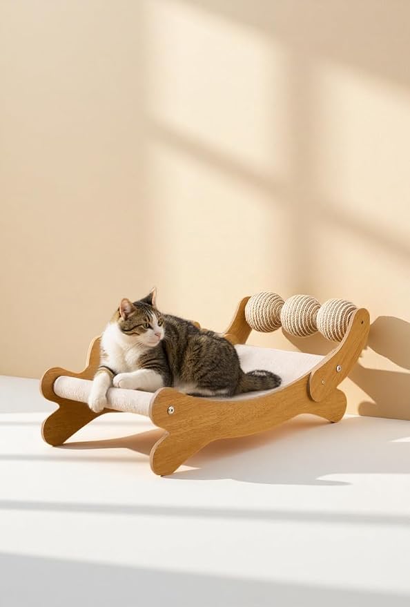 Wooden Cat Lounge Chair with Sisal Scratchable Ropes, Cute Cat-Shaped Raised Elevated Cat Bed & Sofa, Heavy Duty Indoor Kitty Scratcher Couch for Sleeping & Playing