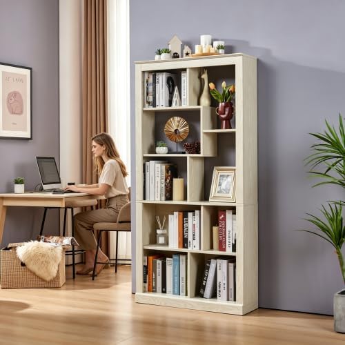 5 Tier Bookshelf with Open Back Storage - Modern Wood Bookcase Furniture Organizer - Cube Modular Shelving Unit Display Case for Living Room, White Oak