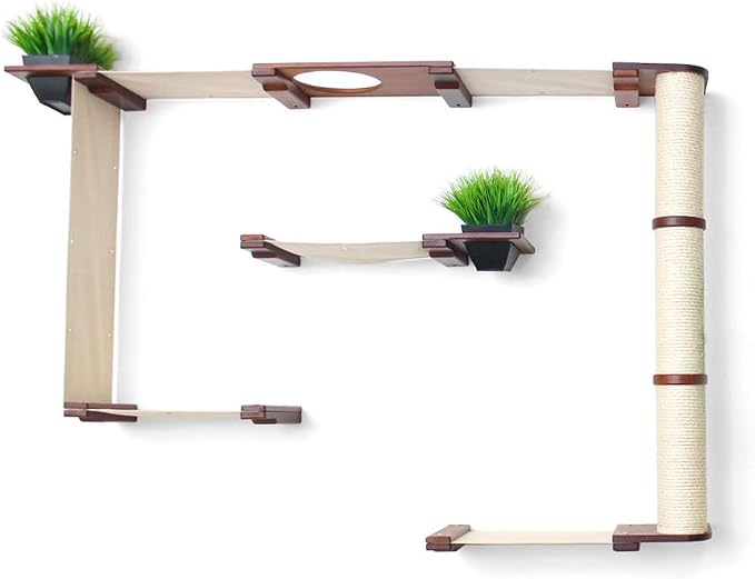 CatastrophiCreations Mini Garden - Multiple-Level Cat Hammock & Climbing Activity Center - Wall-Mounted Cat Tree Shelves English Chestnut/Natural