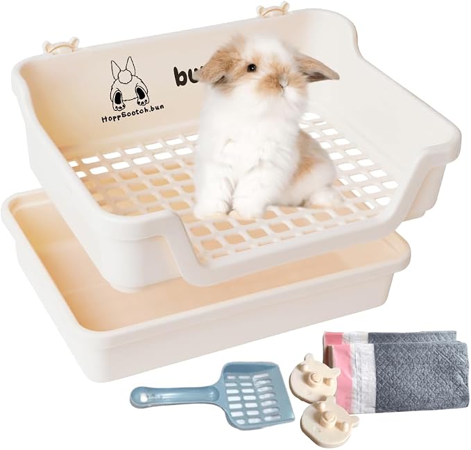 HoppScotch.bun Bumbox Large Rabbit Litter Box, 15.75" Training Cage with Plastic Grid for Small Animals, Indoor/Outdoor, Cream