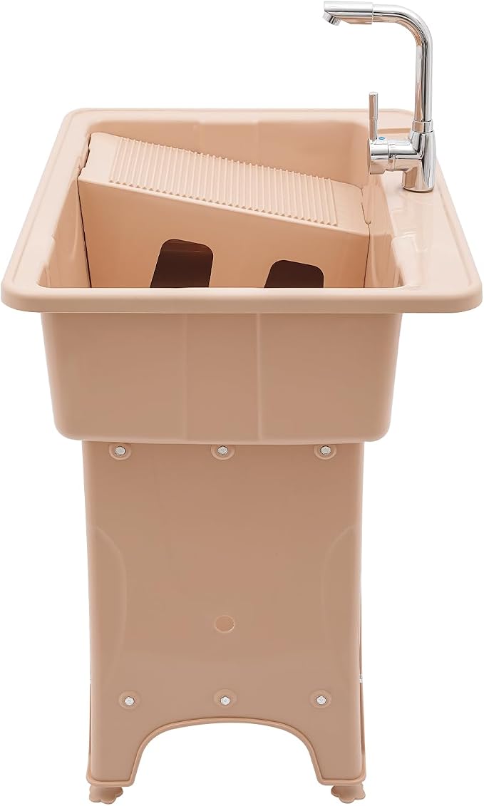 Plastic Utility Sink with 360° Swivel Hot and Cold Faucet Brown | 154 lbs Load Capacity, Equipped with Hose Hook Up, Includes Washboard, Bottom Storage Board, Suitable for Garages and Gardens