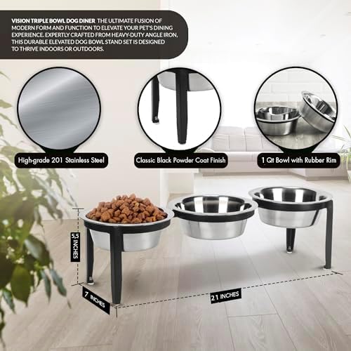 Vision Triple Diner - 3 Bowl Dog Feeder - Small to Medium Dogs - Multi-Dog Feeding Station - UV Weather Resistant - No Noise - Indoor/Outdoor (Black, Small - 5.5" Ht)
