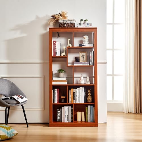 5 Tier Bookshelf with Open Back Storage - Modern Wood Bookcase Furniture Organizer - Cube Modular Shelving Unit Display Case for Living Room, Dark Oak