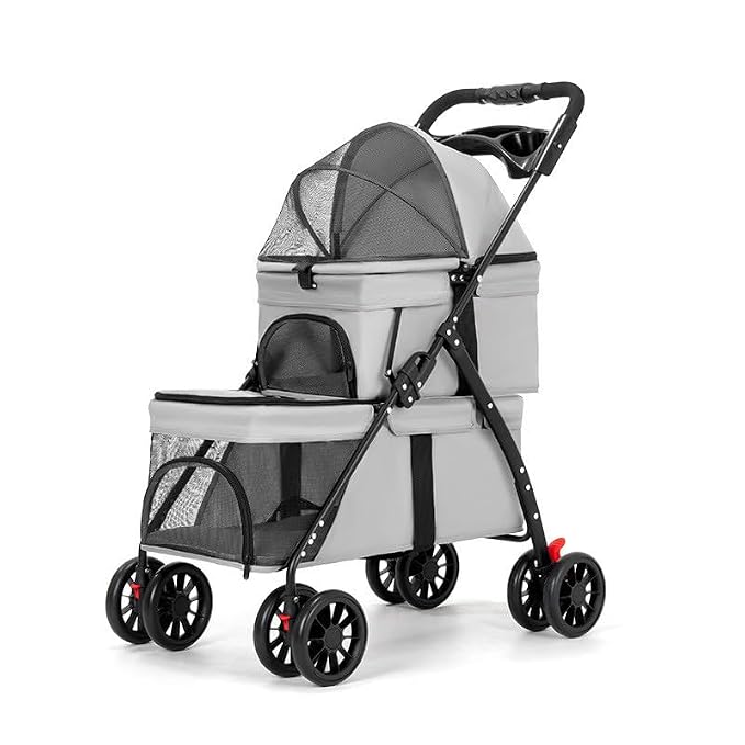 YYW Double Pet Stroller for Dogs and Cats, One-Hand Foldable Dog Stroller with Cup Holder