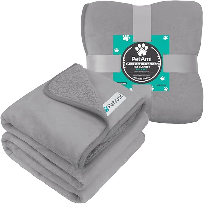 PetAmi Waterproof Dog Blanket for Small & Medium Dogs, Pee Proof & Reversible, Soft Fleece Washable, 24x32 Light Gray
