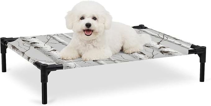 Outdoor Elevated Dog Bed for Medium Dogs, White Branch Breathable Cooling Raised Dog Cot for Indoor/Outdoor, Natural Tree Forest Country Mottled Trunk Plants Waterproof Elevated Pet Beds, M 24 x 20 In