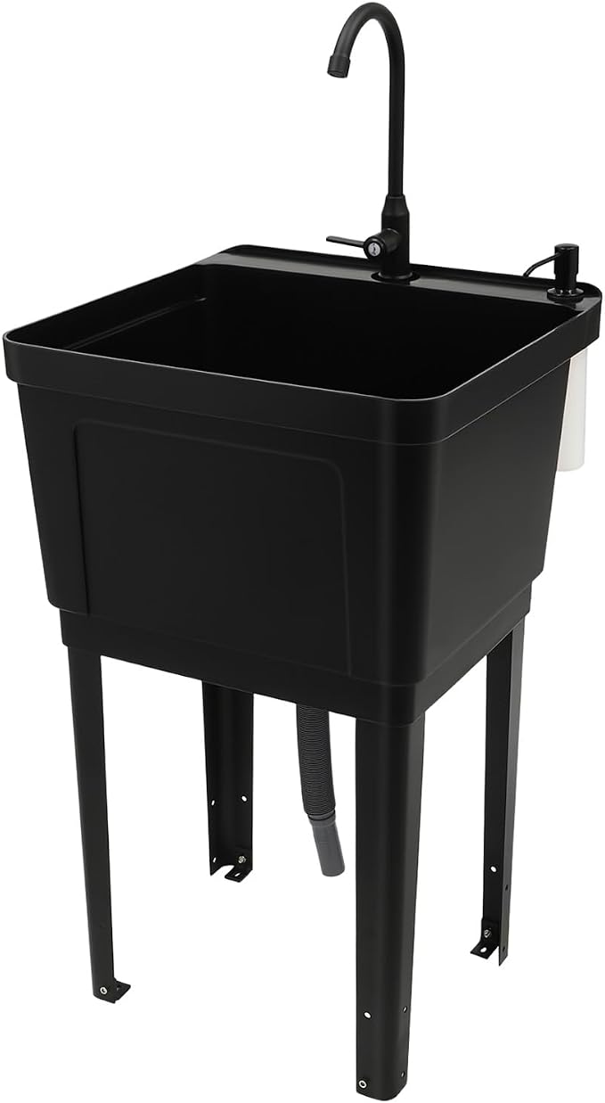 Tall Freestanding Plastic Utility Sink with Rotatable Faucet Black | Equipped with Hose Hook Up, Built-In Soap Box and Soap Dispenser, Four Iron Support Feet, Suitable for Laundry and Pet Bath