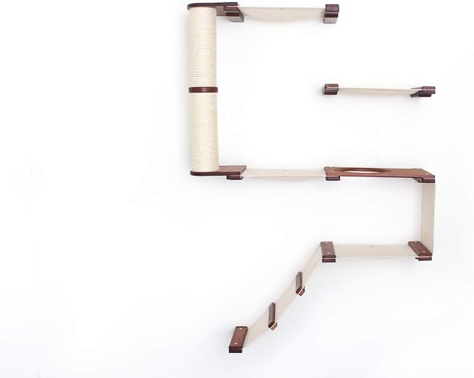 CatastrophiCreations Deluxe Cat Fort Wall Mounted Lounge, Climb and Play Furniture Cat Tree Shelves, English Chestnut Bamboo/Natural Canvas, one Size