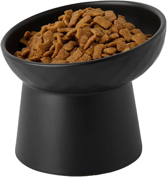 Elevated Cat Bowls, 15° Tilted Ceramic Raised Cat Food and Water Bowl Set, Whisker-Friendly Porcelain Pet Feeder Dishes for Indoor Cats and Small Dogs,Black,5.2 Inch,1 Pack