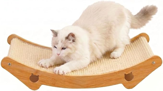 Cat Scratcher & Scratching Lounge, 3-in-1 Sisal Bed & Hammock for Indoor Cats, Wood Frame, Curved Lounge, Large 23.6x13.8in, Cat Furniture, 20 lbs