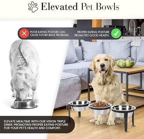 Vision Triple Diner - 3 Bowl Dog Feeder - Small to Medium Dogs - Multi-Dog Feeding Station - UV Weather Resistant - No Noise - Indoor/Outdoor (Black, Small - 5.5" Ht)