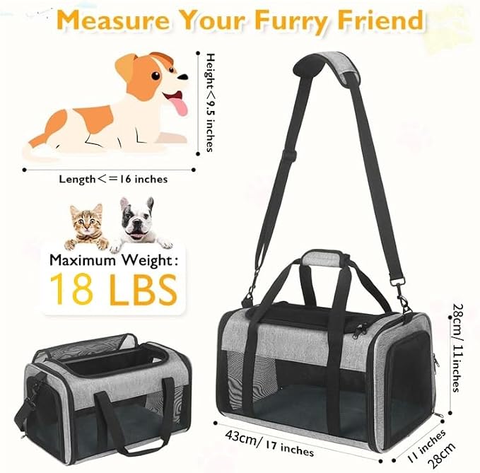 TSA Airline Approved Pet Carrier Bag, Soft Sided Collapsible Cat Dog Travel Carrier, Portable Breathable Puppy Kitten Carry Bag Outdoor Flight Car Travel (17x11x11 Grey)