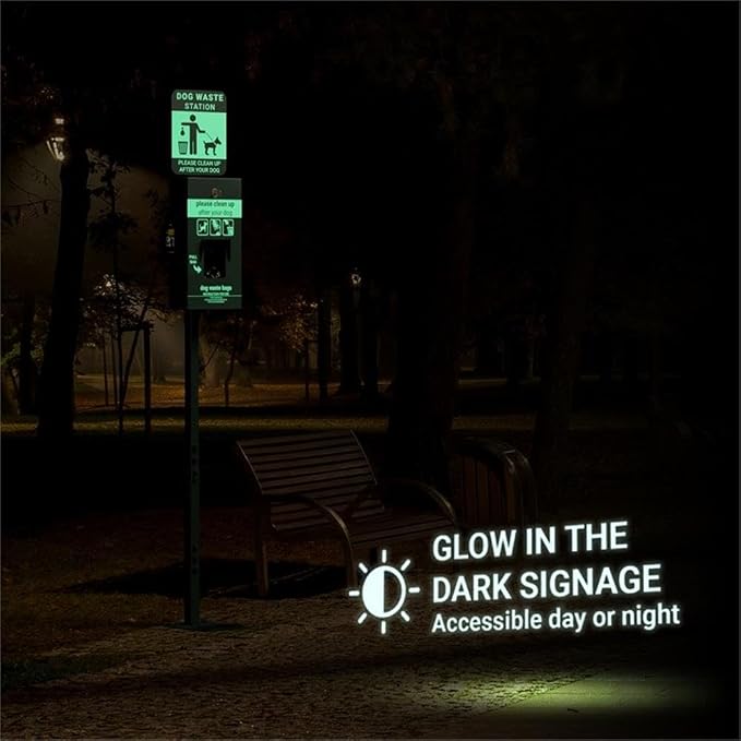 Pemberly Row Mini Pet Waste Station, 76 in Galvanized Steel, Green Powder Coated Finish, Pull Out Bag Dispenser, Hand Sanitizer Bottle Included, Glow-in-the-Dark Signage for Outdoor Use
