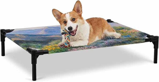 Outdoor Elevated Dog Bed for Large Dogs, Tropical Mountain Breathable Cooling Raised Dog Cot for Indoor/Outdoor, Farmhouse Nature Trees Flowers Blue Sky Waterproof Elevated Pet Beds, L 28 x 22 in