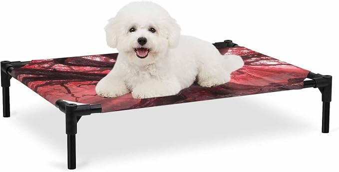 Outdoor Elevated Dog Bed for Medium Dogs, Red Trees Breathable Cooling Raised Dog Cot for Indoor/Outdoor, Country Forest Branches Nature Light View Waterproof Elevated Pet Beds, M 24 x 20 in