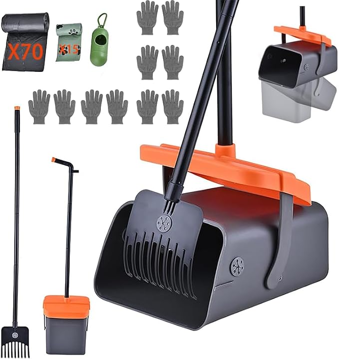 Pooper Scooper with 85 Bags & Swivel Box, 46-Inch Adjustable Long Handle and Rake, Heavy Duty Poop Scooper for Large Medium Small Dogs, Yard Lawn Kennel Waste Cleanup Tool