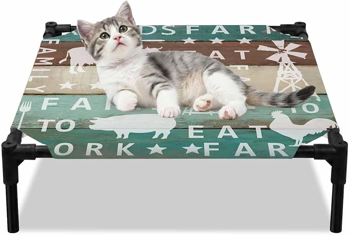 Outdoor Elevated Dog Bed for Small Dogs, Farmhouse Barn Breathable Cooling Raised Dog Cot for Indoor/Outdoor, Cow Pig Chicken Windmill Wooden Plank Waterproof Elevated Pet Beds, S 20 x 20 in