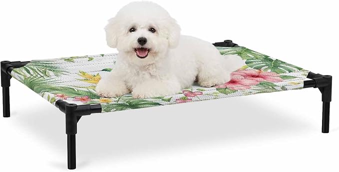 Outdoor Elevated Dog Bed for Medium Dogs, Summer Hummingbirds Breathable Cooling Raised Dog Cot for Indoor/Outdoor, Farmhouse Floral Palm Leaves Wooden Waterproof Elevated Pet Beds, M 24 x 20 in