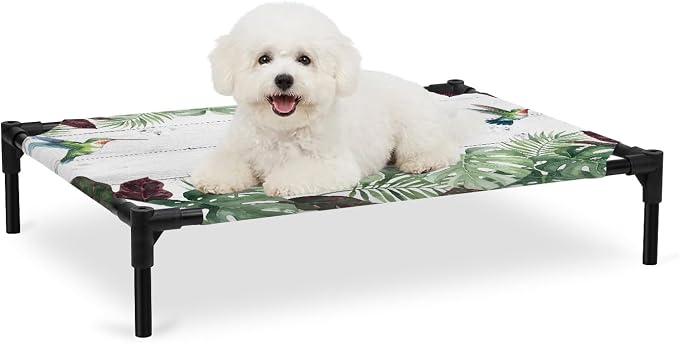 Outdoor Elevated Dog Bed for Medium Dogs, Summer Hummingbirds Breathable Cooling Raised Dog Cot for Indoor/Outdoor, Tropical Palm Leaves Farmhouse Wood Waterproof Elevated Pet Beds, M 24 x 20 in