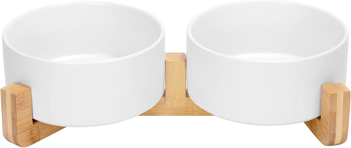 SPUNKYJUNKY Ceramic Dog and Cat Bowl with Wood Stand Non-Slip Matte Glaze Weighted Food Water Set for Cat Medium Dog 28.7 OZ
