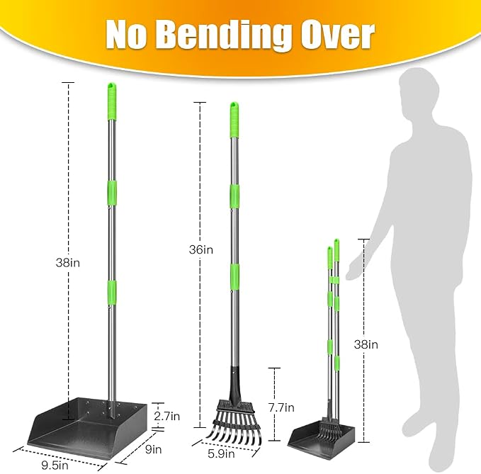 Larger Pooper Scooper for Large Dogs, Dog Pooper Scooper for Large Medium Small Dogs Long Handle Stainless Metal Tray and Rake Set Heavy Duty (Pack of 2)
