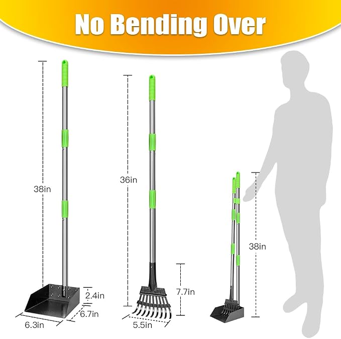 Pooper Scooper, Dog Pooper Scooper Long Handle Stainless Metal Tray and Rake for Medium Small Dogs Heavy Duty Pet Supplies to Use for Grass, Dirt or Gravel (Pack of 2)