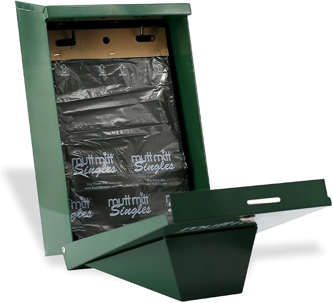 Mutt Mitt® Aluminum Dog Waste Starter Station - Gloss Green | Singles | Rust-proof aluminum dispenser, includes 400 header bags, locking hood, fits all 5" header refills, hardware included