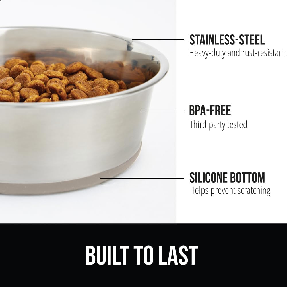 GORILLA GRIP Set of 2 Dog Bowls, Heavy Duty Metal Food and Water Bowl for Feeding Dogs and Cats, Dishwasher Safe, Rust Resistant Stainless Steel, BPA Free Rubber Base, Holds 2 Cups (16 fl oz), Beige