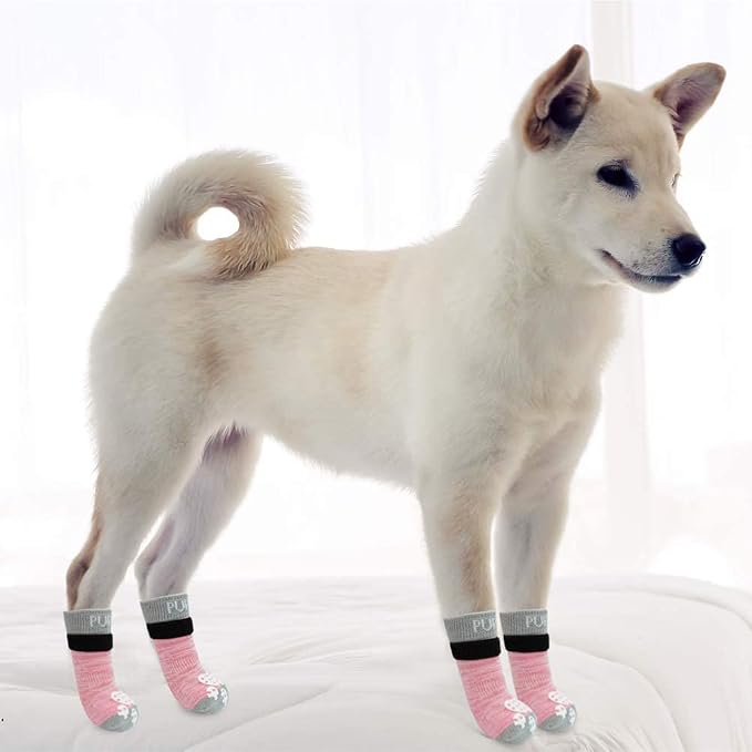 PUPTECK Anti-Slip Dog Socks with Double Sides Grips for Small Medium Large Dogs Hardwood Floors Prevents Licking, Dog Shoes for Hot Pavement Traction Control Paw Protector for Senior Dogs, Pink L