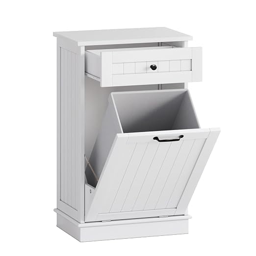 10 Gallon Tilt Out Trash Can Cabinet with Drawer, Hidden Trash Can, White | Cabinet with Drawers for Kitchen, Bathroom and Laundry Room