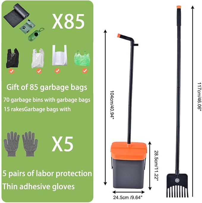 Pooper Scooper with 85 Bags & Swivel Box, 46-Inch Adjustable Long Handle and Rake, Heavy Duty Poop Scooper for Large Medium Small Dogs, Yard Lawn Kennel Waste Cleanup Tool