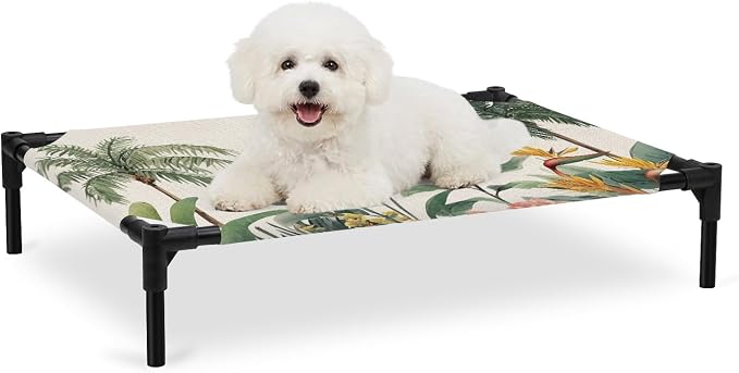 Outdoor Elevated Dog Bed for Medium Dogs, Summer Palm Tree Breathable Cooling Raised Dog Cot for Indoor/Outdoor, Tropical Botanical Floral Coastal Rustic Waterproof Elevated Pet Beds, M 24 x 20 in