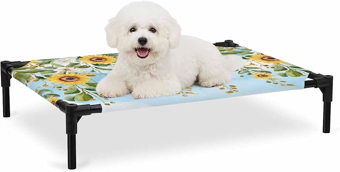 Outdoor Elevated Dog Bed for Medium Dogs, Coastal Sunflower Vine Breathable Cooling Raised Dog Cot for Indoor/Outdoor, Summer Flower Blue Sky Garden Waterproof Elevated Pet Beds, M 24 x 20 in