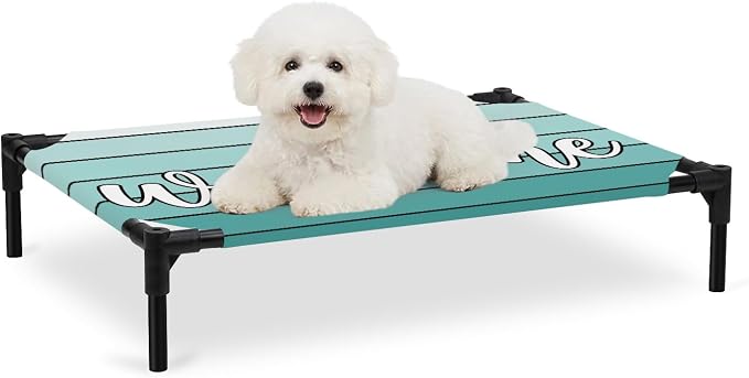Outdoor Elevated Dog Bed for Medium Dogs, Teal Green Wooden Grain Breathable Cooling Raised Dog Cot for Indoor/Outdoor, Gradient Farmhouse Wood Plank Waterproof Elevated Pet Beds, M 24 x 20 in
