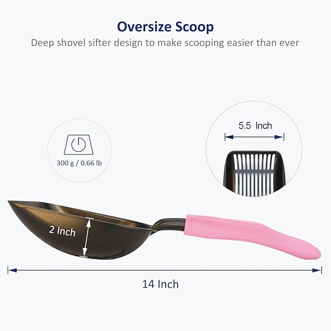Cat Litter Scoop, Non-Stick Plated Aluminum Alloy Sifter, Kitty Durable Metal Scooper, Deep Shovel, Long Handle, Kitten Pooper Lifter, Size Large, Coated Black Body with Pink Handle