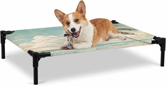 Outdoor Elevated Dog Bed for Large Dogs, Palm Trees Breathable Cooling Raised Dog Cot for Indoor/Outdoor, Beach Summer Blue Ocean Sky Natural Landscape Waterproof Elevated Pet Beds, L 28 x 22 in
