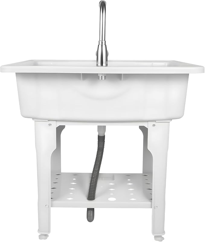 Plastic Utility Sink with 360° Swivel Hot and Cold Faucet Gray | 154 lbs Load Capacity, Equipped with Hose Hook Up, Includes Washboard, Bottom Storage Board, Suitable for Garages and Gardens