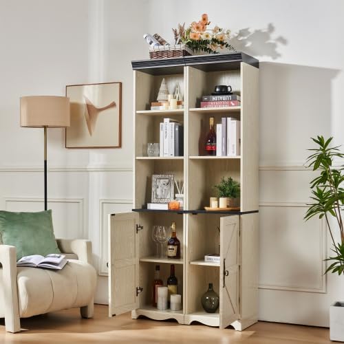 Storage Cabinet with Adjustable Shelves | Open Display Cubbies & Closed Barn Door Storage 3D Wood Grain Finish MDF Bookcase for Bedroom Living Room Office