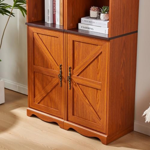 Storage Cabinet with Adjustable Shelves | Open Display Cubbies & Closed Barn Door Storage 3D Wood Grain Finish MDF Bookcase for Bedroom Living Room Office