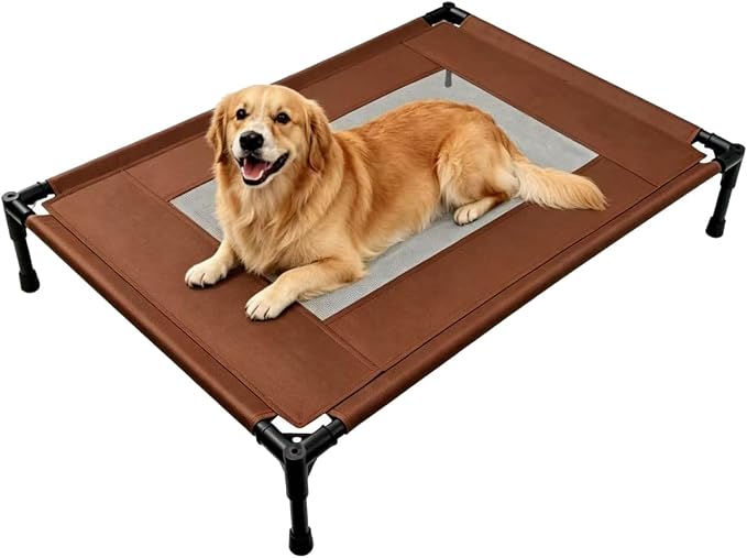 Elevated Dog Bed for Large Dogs - Outdoor Cooling Cot with Washable Breathable Mesh, Portable Raised Pet Bed with Non-Slip Feet & Waterproof Teslin, Heavy Duty & for Camping