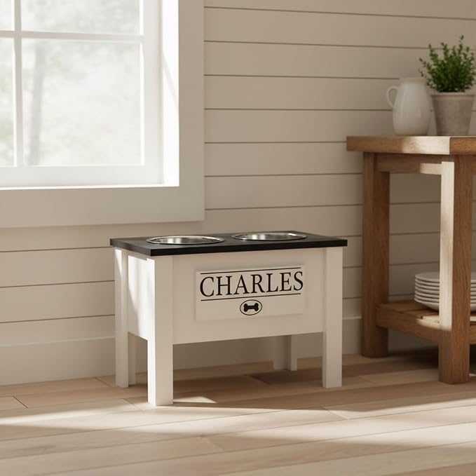 Elevated Dog Bowls for Large Dogs, Personalized Food Stand for Large Breed | Farmhouse Style, Elevated Wood Stand, Storage Container, Stainless Steel Bowls, Raised Anti-Slip Feeder, Made in USA