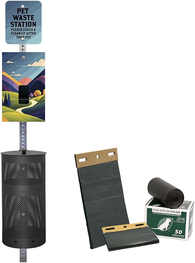 ZERO WASTE USA - Aluminum Dog Waste Station - Countryside | Matte Black | DISPENSE-ART™ UV printed aluminum station with MittN™ mitten bags, 25% more dispenser storage, commercial outdoor design