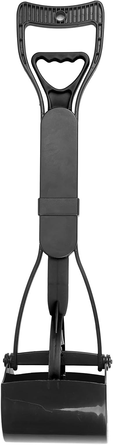 Pet Pooper Scooper, Long Handle Jaw Poop Pick Up Tool for Dogs Cats, 23.7in Heavy Duty Plastic Waste Cleaner with Foldable Design (Black)